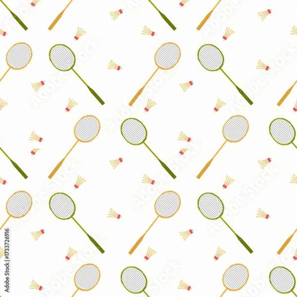 Fototapeta Seamless Pattern with Badminton Rackets and Shuttlecocks in Cartoon Doodle Style
