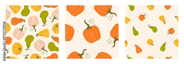 Obraz Set Seamless patterns with hand drawn pumpkins on a beige background. Autumn texture for thanksgiving, harvest and halloween. Season palette. Vector Illustration
