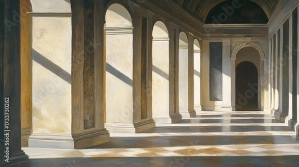 Fototapeta Sunlit Colonnade: A Study in Light and Shadow