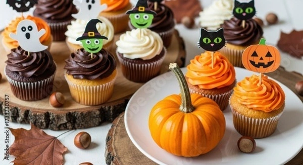 Fototapeta A display of halloween themed cupcakes with various toppings and a small pumpkin on a white plate