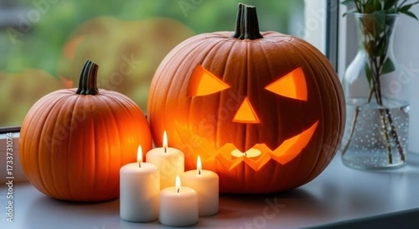 Fototapeta Two pumpkins and four candles illuminated on a windowsill for halloween celebration decor display