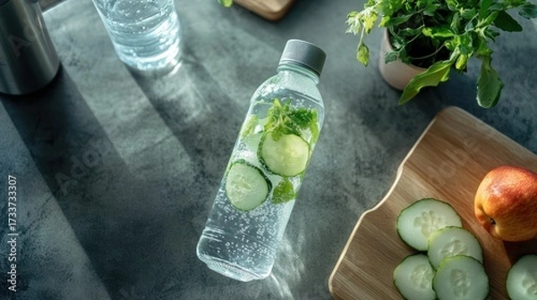Fototapeta Refreshing infused water with cucumber and mint on a styled kitchen countertop