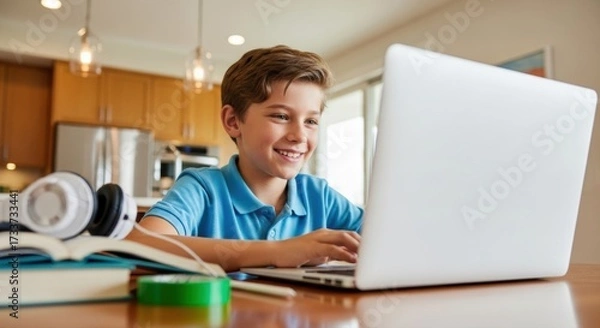 Fototapeta A smiling boy uses a laptop computer while sitting at a table with books and headphones nearby