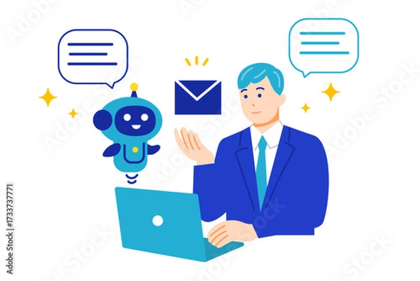 Fototapeta 人工知能を使ってメールを作成するビジネスマン。フラットデザイン。