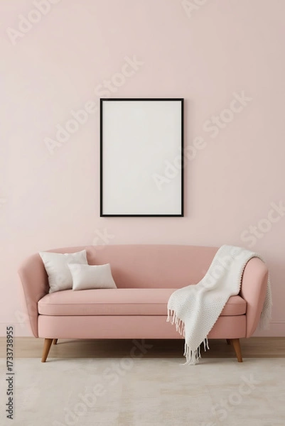 Fototapeta Modern living room featuring a stylish pink sofa with pillows and a throw blanket, perfect for showcasing artwork or design elements in a cozy interior