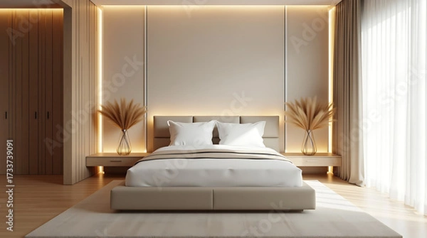 Fototapeta Relax in serene bedroom retreat with soft lighting, perfect for creating a peaceful ambiance and a restful night's sleep, showcasing luxurious and calming design