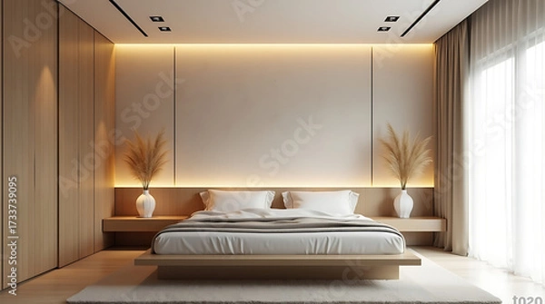 Fototapeta Serene bedroom retreat with warm lighting and minimalist design, perfect for creating a calming atmosphere and promoting relaxation and peaceful sleep