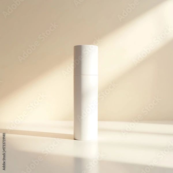 Fototapeta Clean white bottle mockup for cosmetic branding, bathed in soft, inviting light, perfect for showcasing serum or lotion designs with minimalist elegance