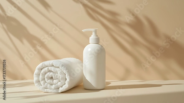 Fototapeta Serene spa day essentials with soft towel and bottle, perfect for relaxation and wellness marketing, showcasing purity and simplicity in self-care rituals