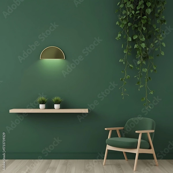 Fototapeta Stylish green armchair in a modern living room with hanging plants and minimalist decor, perfect for creating a relaxing and inviting atmosphere at home