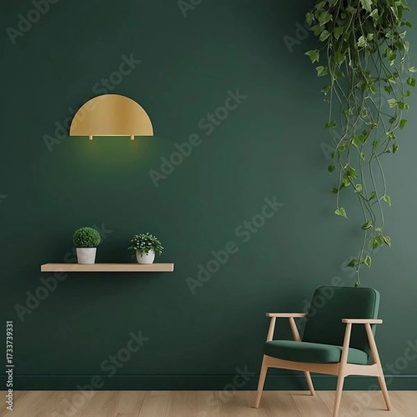 Fototapeta Stylish reading nook with modern wall decor, elegant potted plants, and a cozy chair perfect for relaxing in a beautifully designed home space