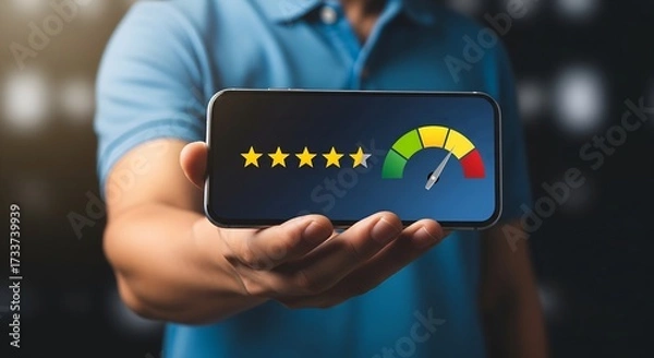 Fototapeta Person holding smartphone displaying five star rating and gauge meter