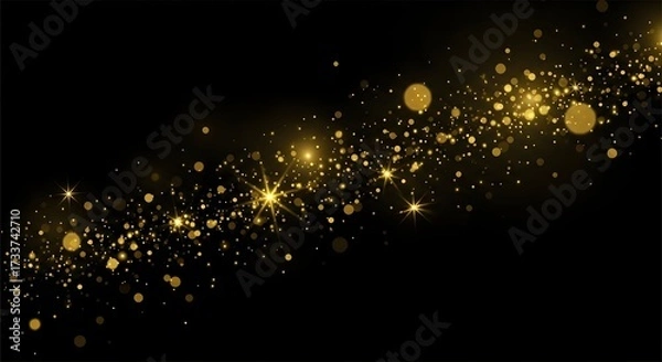 Fototapeta Golden sparkles and bokeh lights flowing on black background abstract celebration