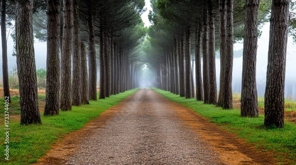 Fototapeta Scenic forest path surrounded by misty pine trees in soft morning light, perfect for nature lovers