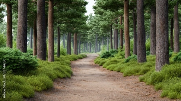Fototapeta Scenic forest path surrounded by misty pine trees in soft morning light, perfect for nature lovers