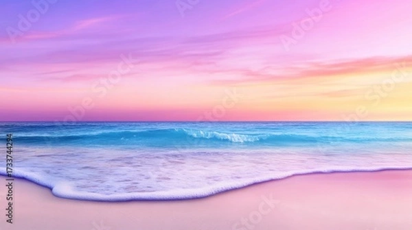 Fototapeta Serene beach landscape with calm ocean waves and pastel sunset sky, perfect for relaxation and meditation