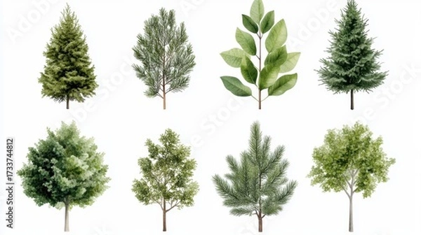 Fototapeta Set of different green tree vector illustrations isolated on white background, minimal and fresh