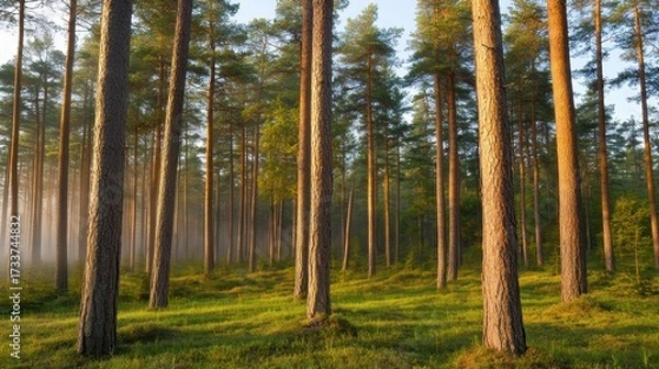 Fototapeta Serene pine forest at dawn with mist rolling through trees, perfect for nature and travel backdrops