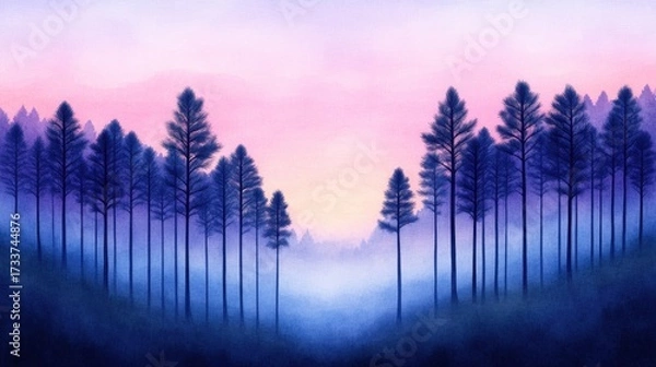 Fototapeta Serene pine forest at dawn with mist rolling through trees, perfect for nature and travel backdrops