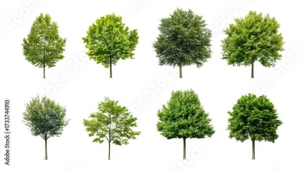 Fototapeta Set of different green tree vector illustrations isolated on white background, minimal and fresh