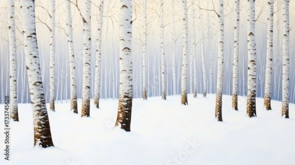 Fototapeta Silent white birch forest under heavy snowfall, crisp white snow blanketing the forest floor