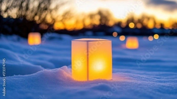 Fototapeta Snow-covered ground with softly glowing white lanterns during golden winter sunset