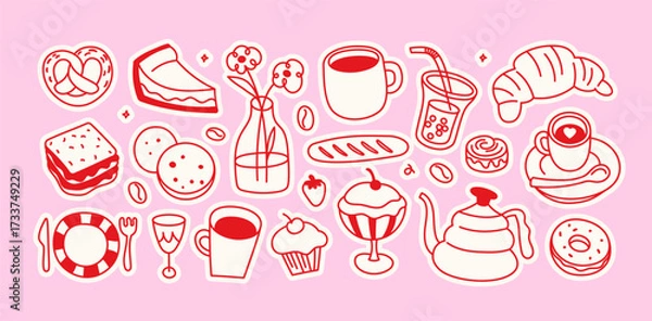 Fototapeta Vector hand drawn graphics for advertising, branding, posters and banners, funny cartoon illustrations, prints and stickers, brunch cafe , bakery concepts, specialty coffee shops  menu elements