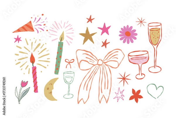 Fototapeta Vector set of hand drawn illustrations, quirky doodle elements for christmas banners and invitations,  birthday party cards, prints