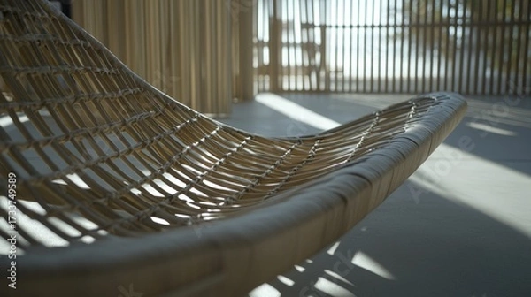 Fototapeta A woven chair with a brown frame and a brown netting. The chair is sitting on a concrete floor