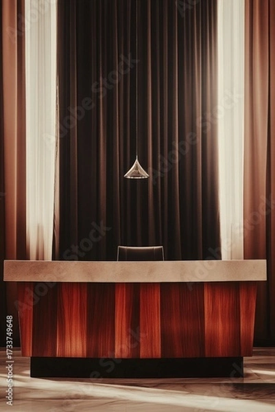 Fototapeta A wooden desk with a lamp on top of it. The lamp is turned off. The room is dimly lit