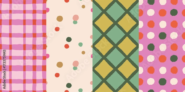 Fototapeta Vector set of seamless patterns – abstract hand-drawn quirky doodles, striped, plaid, and checkered designs – festive, party, and Christmas decorative wrapping paper and textile backgrounds