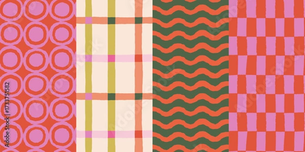 Fototapeta Vector set of seamless patterns – abstract hand-drawn quirky doodles, striped, plaid, and checkered designs – festive, party, and Christmas decorative wrapping paper and textile backgrounds