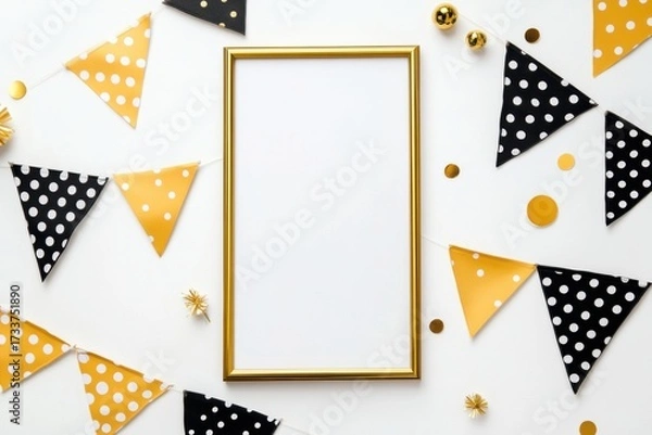 Fototapeta Festive frame mockup decorated with black, white, and yellow triangular bunting flags and golden glitter balls. Bright minimalist background for party design, invitation or celebration concept.