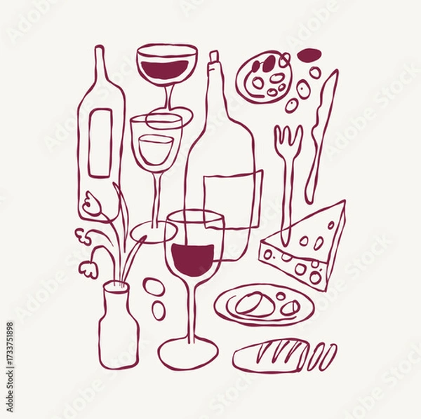 Fototapeta Vector hand drawn quirky doodle illustration, wine party, menu bar cover, party invitation banner