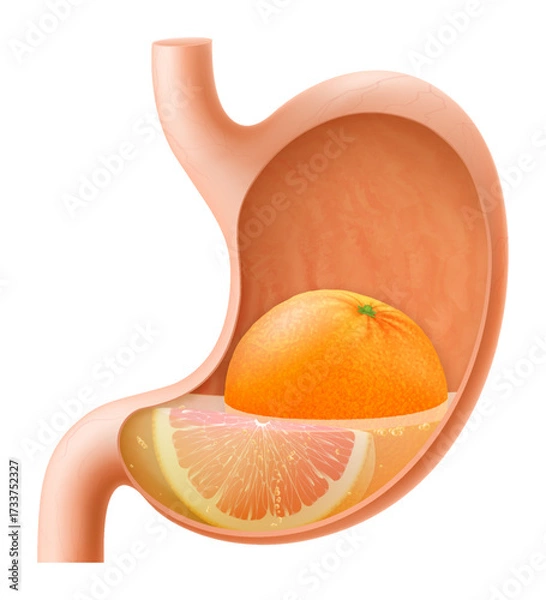 Fototapeta Human Stomach with grapefruit. The stomach digests grapefruit. A stomach filled with healthy and wholesome food. Proper nutrition. Realistic 3d Vector illustration. Food digestion process illustration