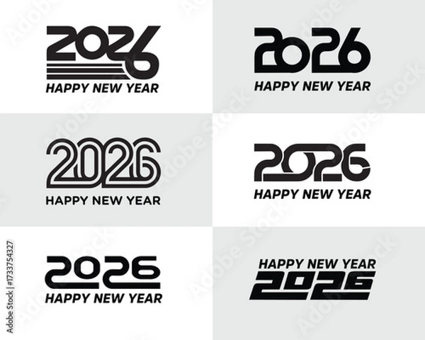 Fototapeta  Big Set of 2026 Happy New Year logo text design. 2026 number design template. Collection of 2026 Happy New Year symbols. Vector illustration with black labels isolated on white background.