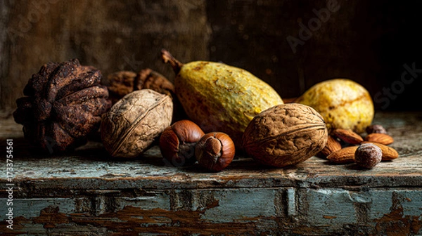 Fototapeta Assorted nuts and cocoa pods arranged on a rustic wooden surface, showcasing natural textures and earthy tones, creating a warm and inviting atmosphere for culinary inspiration
