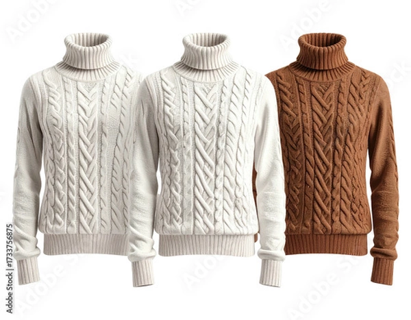 Fototapeta Three cable-knit turtleneck sweaters in white, off-white, and brown against a dark background