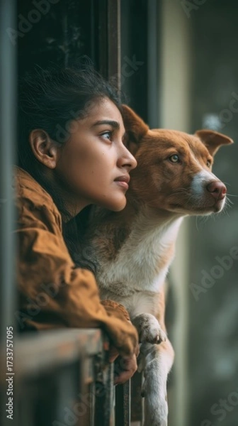 Fototapeta A vertical shot of a person with a pet, a scene of family pet time balcony.