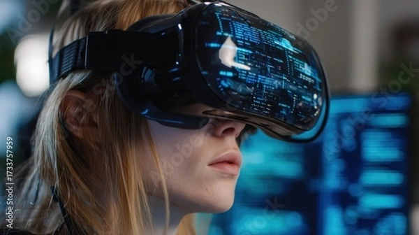 Fototapeta Cybersecurity awareness day, young professionals engaging in training event with VR headsets and code visuals.