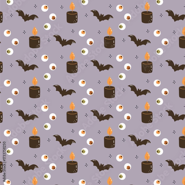 Fototapeta Vector seamless Halloween pattern with flying bats, burning candles, spooky eyeballs and decorative elements. Perfect for seasonal design, party invitations, wrapping paper, textile, posters