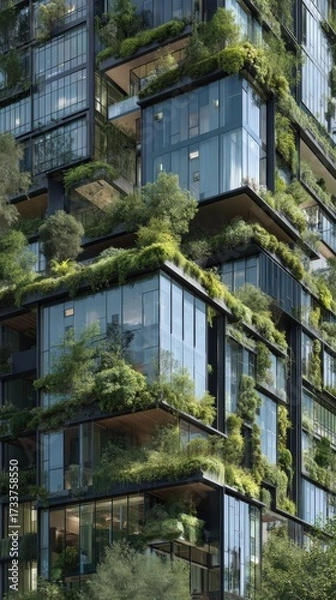 Fototapeta Green building facade, futuristic skyscraper with vertical gardens and glass design, eco-architecture style.