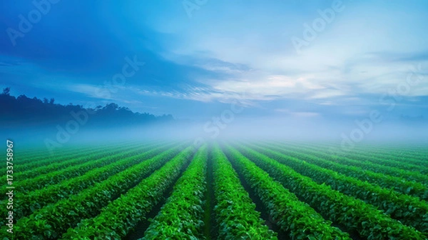 Fototapeta Lush green vegetable beds stretch across misty landscape under serene blue sky, creating tranquil and peaceful atmosphere