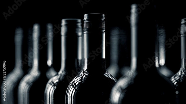 Fototapeta Dark glass wine bottles arranged in a row, showcasing elegant shapes and reflections, creating a sophisticated atmosphere for beverage presentation and marketing purposes