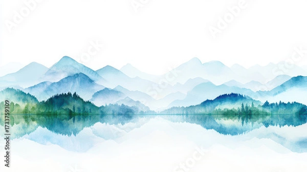 Fototapeta Serene watercolor landscape featuring mountains and calm lake, reflecting tranquil scenery. soft hues create peaceful atmosphere