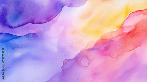 Fototapeta Vibrant watercolor abstract background featuring soft hues of purple, pink, yellow, and orange blending seamlessly, evoking sense of calm