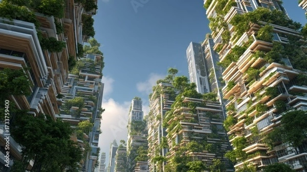 Fototapeta Net zero buildings, futuristic skyscrapers with vertical gardens and renewable design, glowing eco skyline.