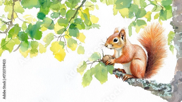 Fototapeta Watercolor illustration of squirrel perched branch, holding acorn, surrounded by vibrant green leaves. artwork captures serene and playful moment
