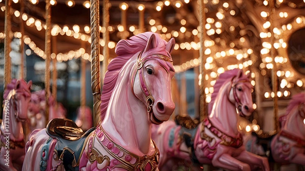 Fototapeta Pink carousel horses adorned with intricate details and vibrant colors, illuminated by warm lights, creating a whimsical atmosphere of nostalgia and joy