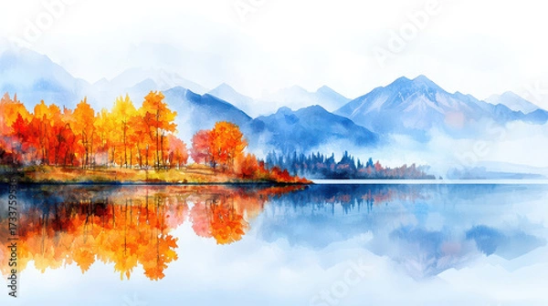 Fototapeta Vibrant autumn landscape with colorful trees reflecting on calm water, surrounded by mountains and misty atmosphere